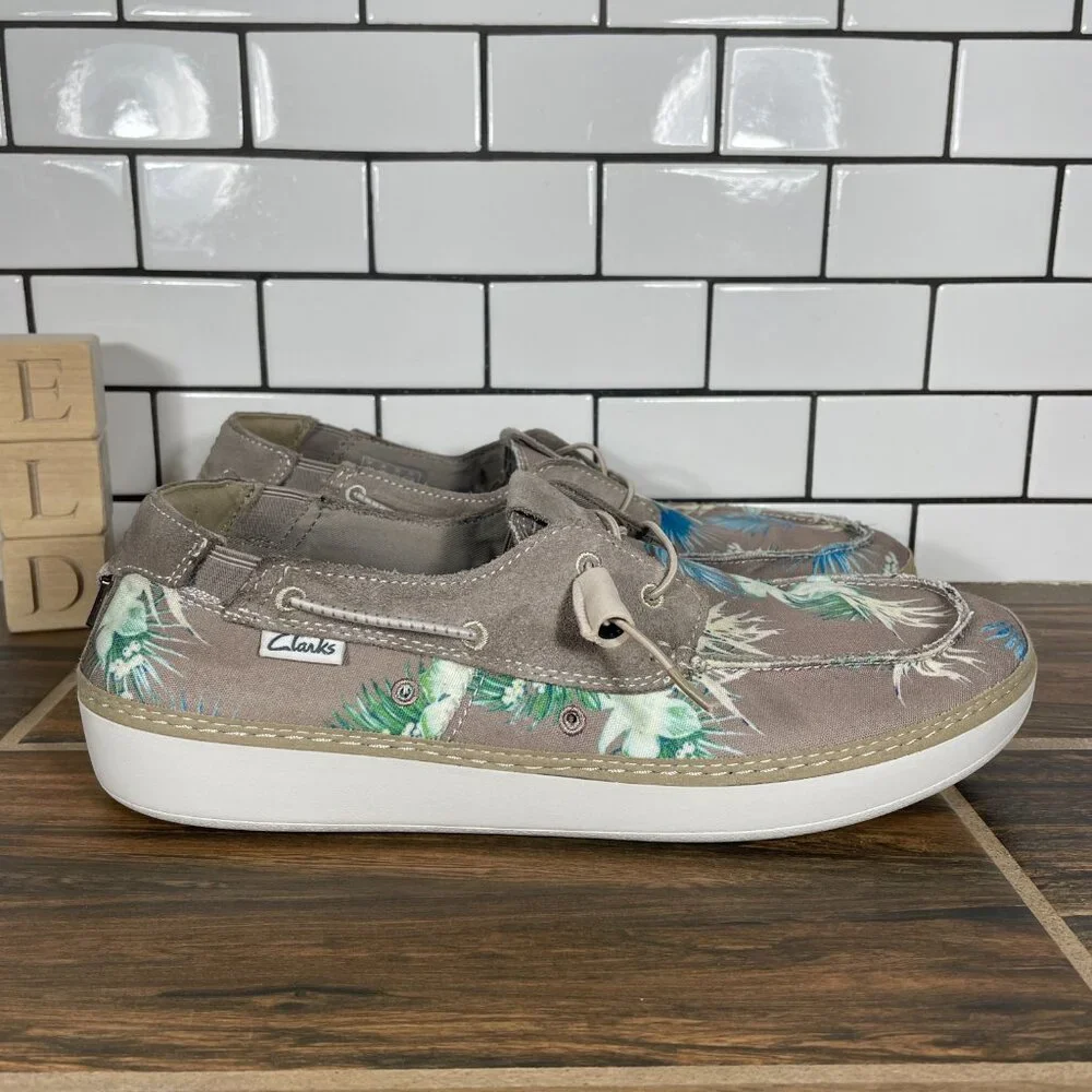 Clarks Higley Tie Mens Size 10 Boat Shoes Sand Floral Canvas Suede Bottle Opener